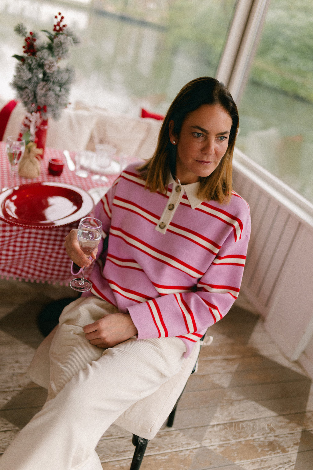 YASIsabell LS polo knit pullover pirouette/stripes