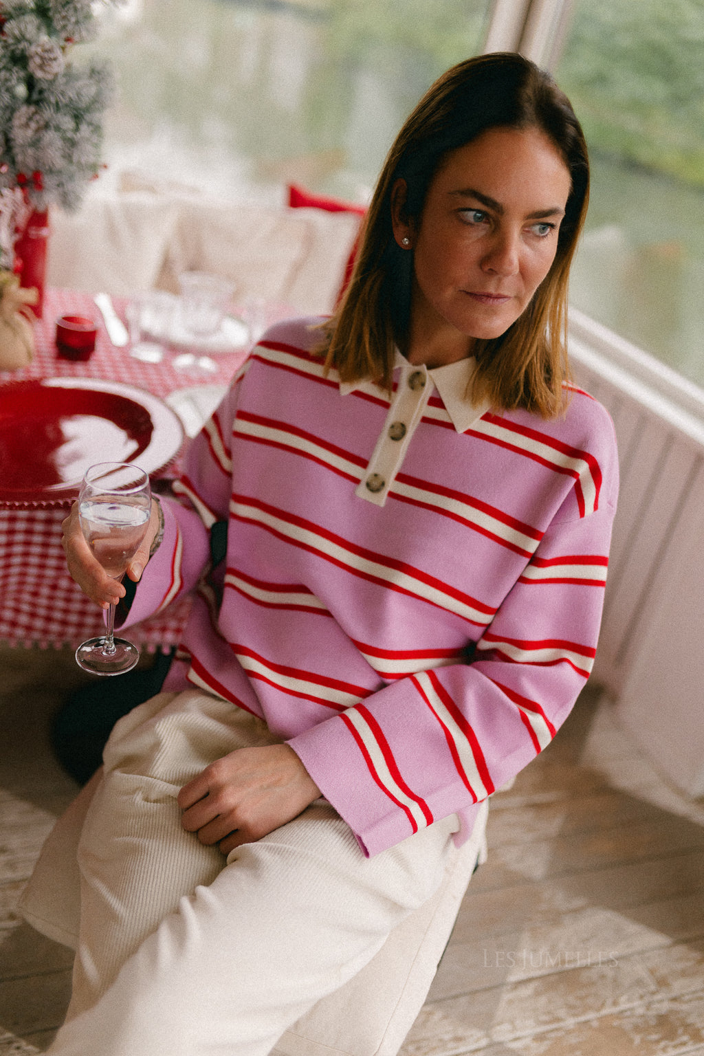 YASIsabell LS polo knit pullover pirouette/stripes