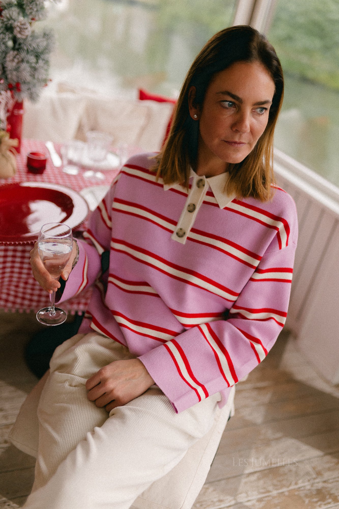 YASIsabell LS polo knit pullover pirouette/stripes