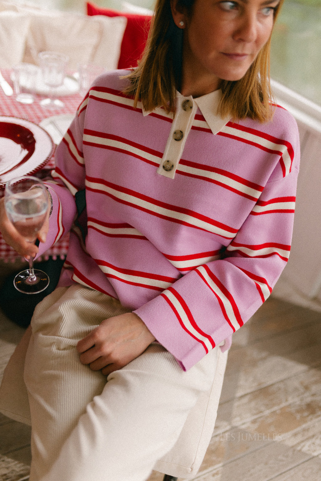 YASIsabell LS polo knit pullover pirouette/stripes