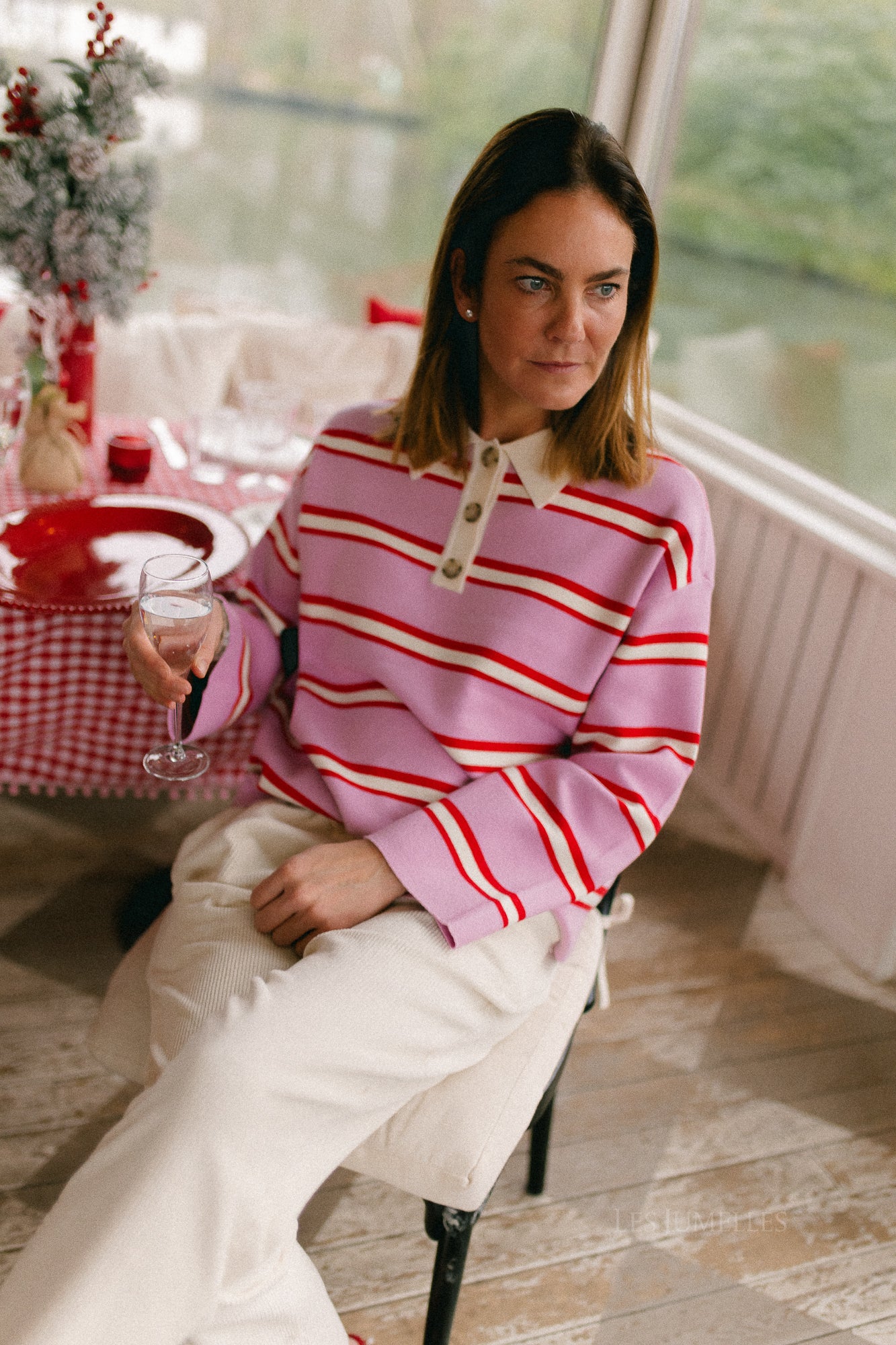 YASIsabell LS polo knit pullover pirouette/stripes