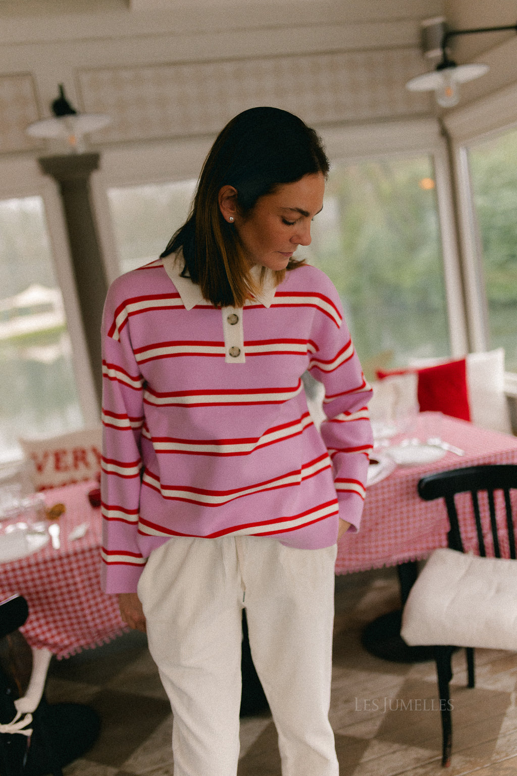 YASIsabell LS polo knit pullover pirouette/stripes