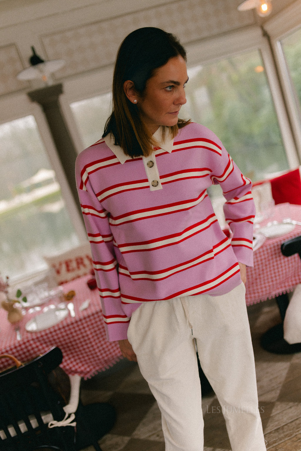 YASIsabell LS polo knit pullover pirouette/stripes