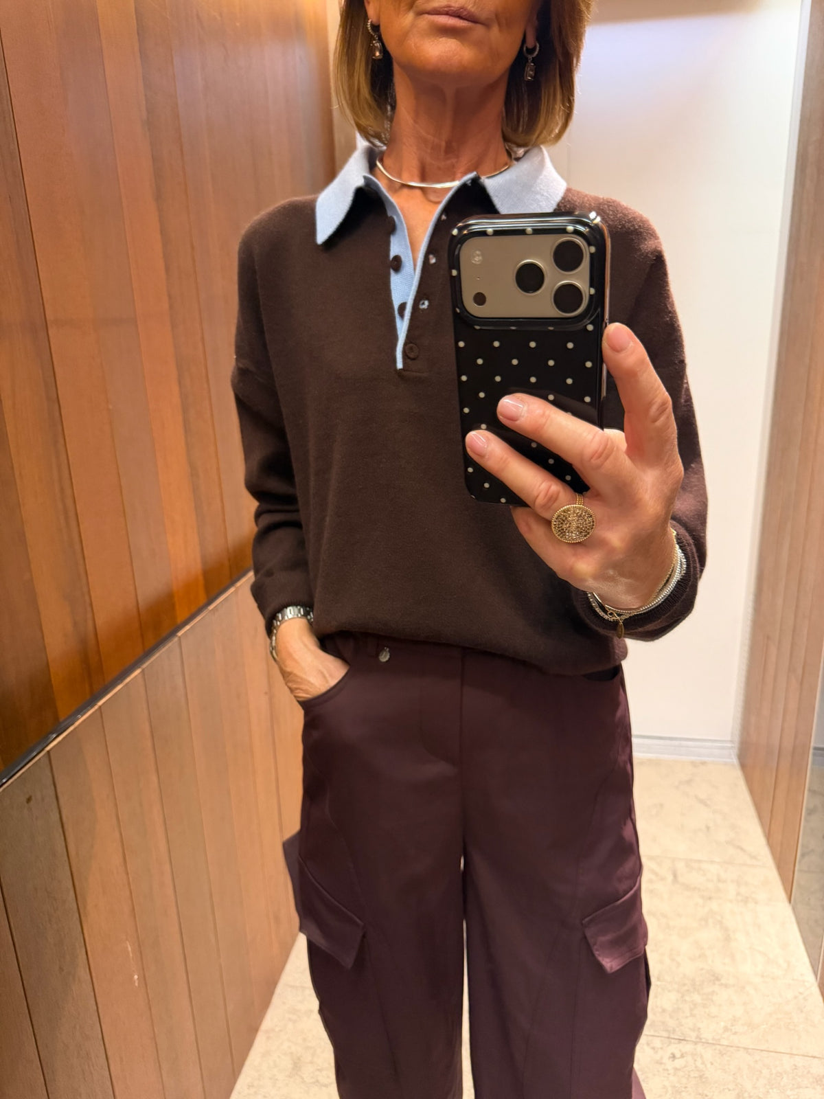 Elise polo neck knit jumper hot chocolate/light blue