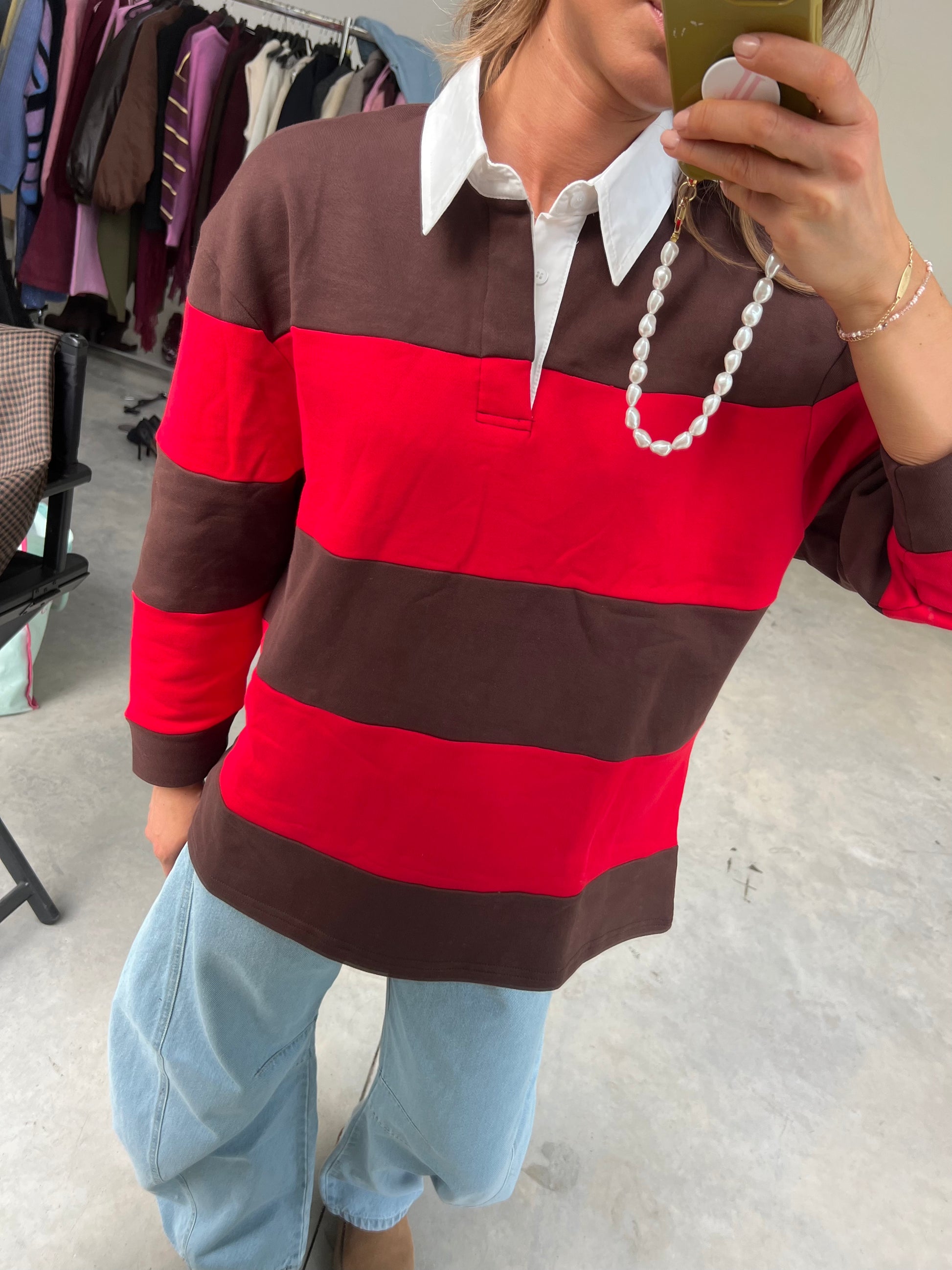 Lisa striped polo sweatshirt hot chocolate/red