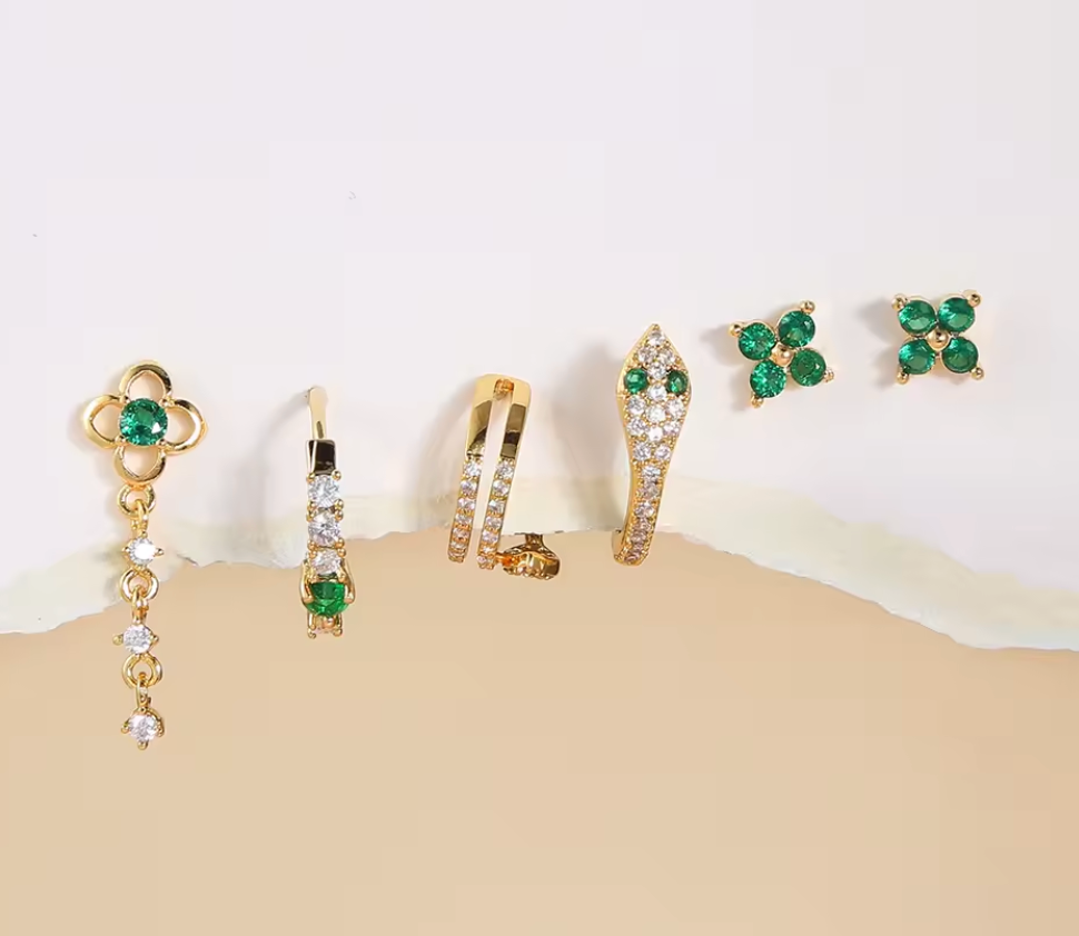 Emerald green & gold multi earring set