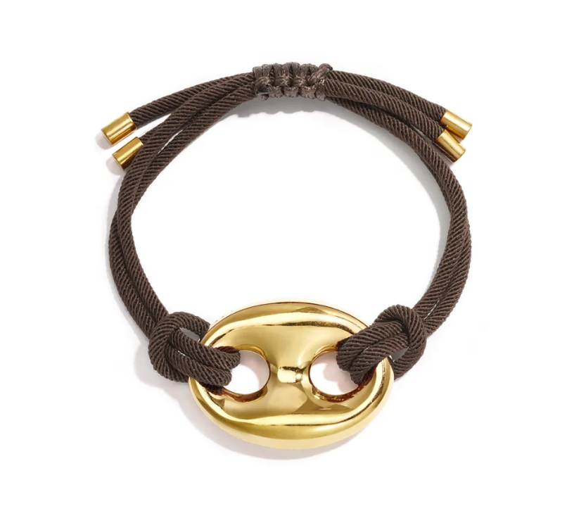 Cord bracelet with gold-tone bean detail brown