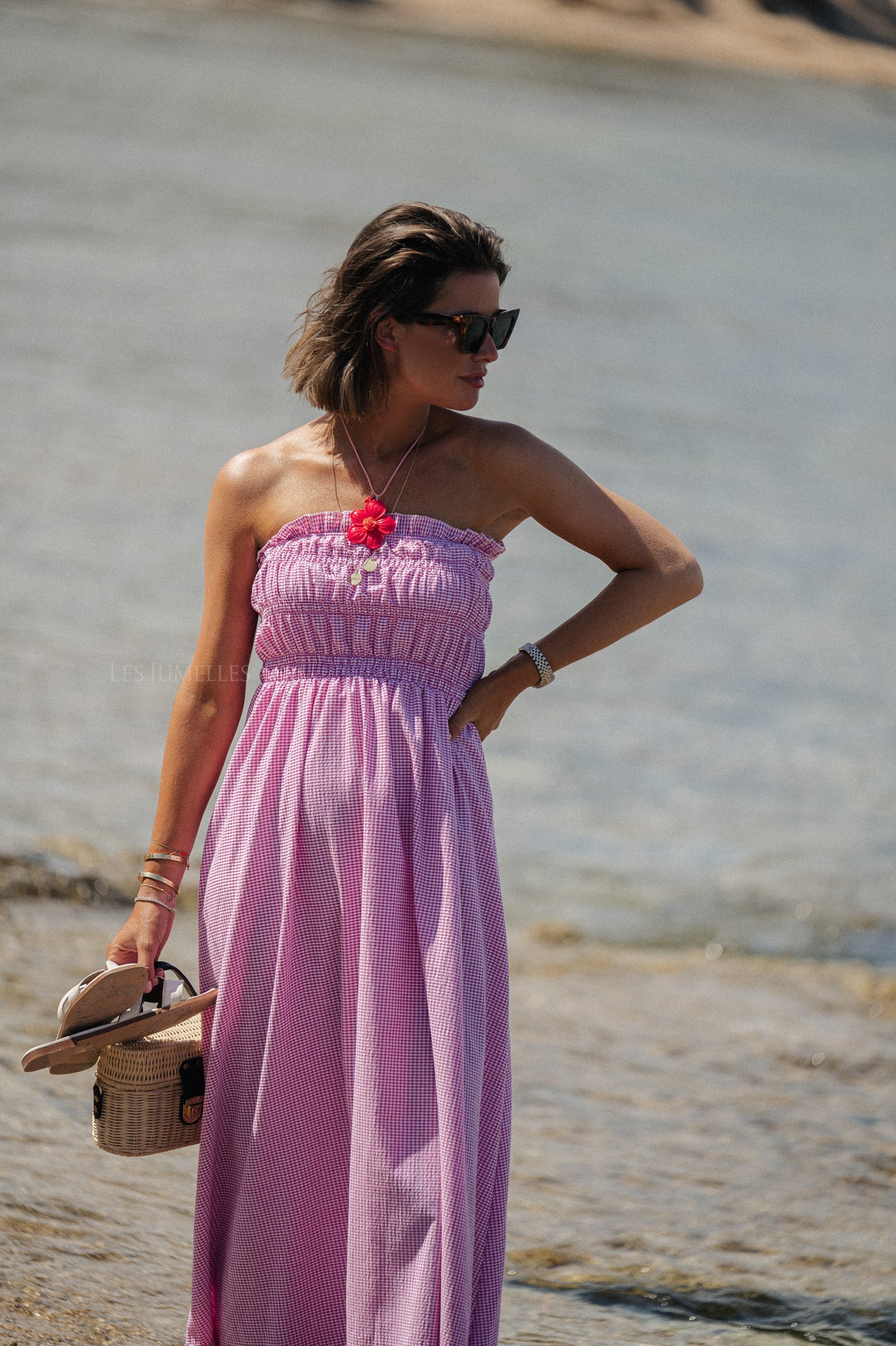 Giselle geruite maxi-jurk roze