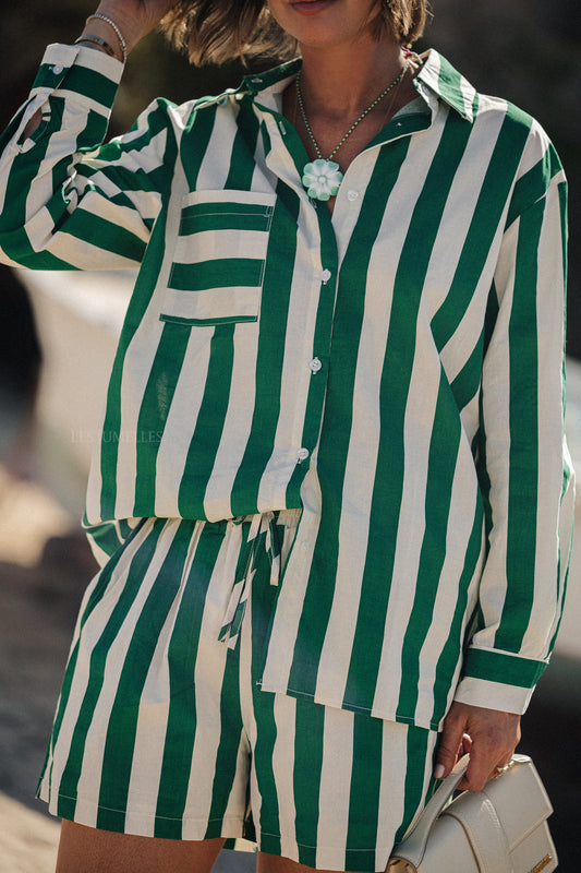 Les Jumelles Summer gestreept overhemd ecru/groen