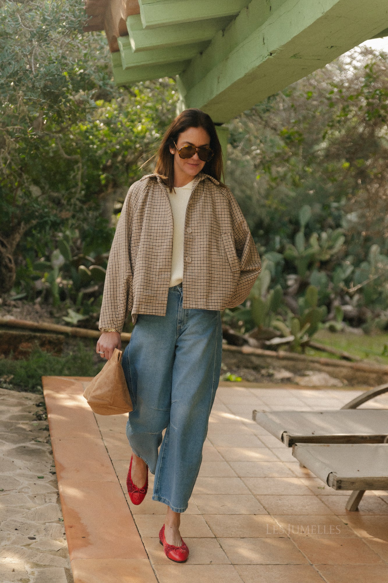 Jodie wollen jas met pied-de-poulepatroon in donkerbruin/beige