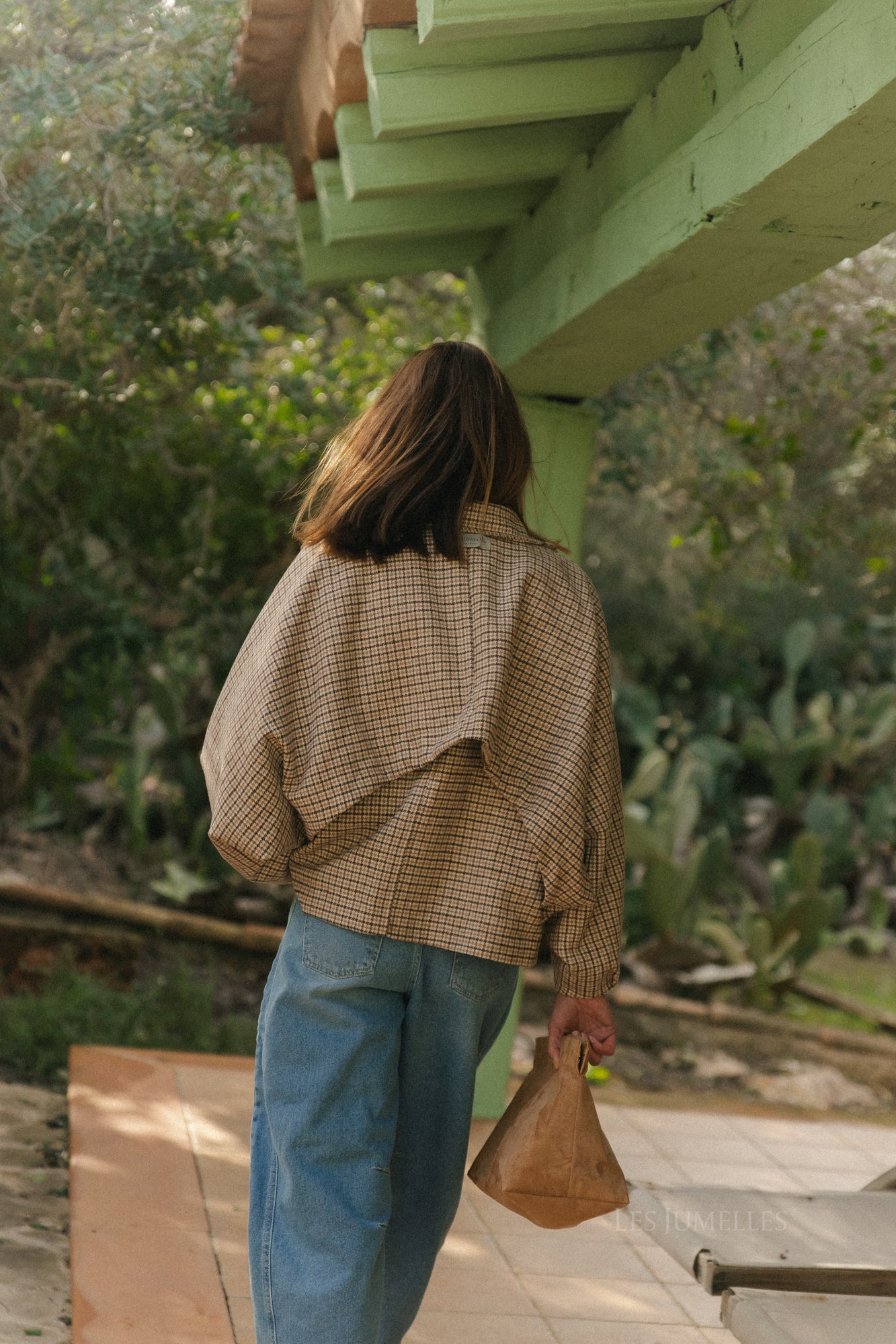 Jodie wollen jas met pied-de-poulepatroon in donkerbruin/beige