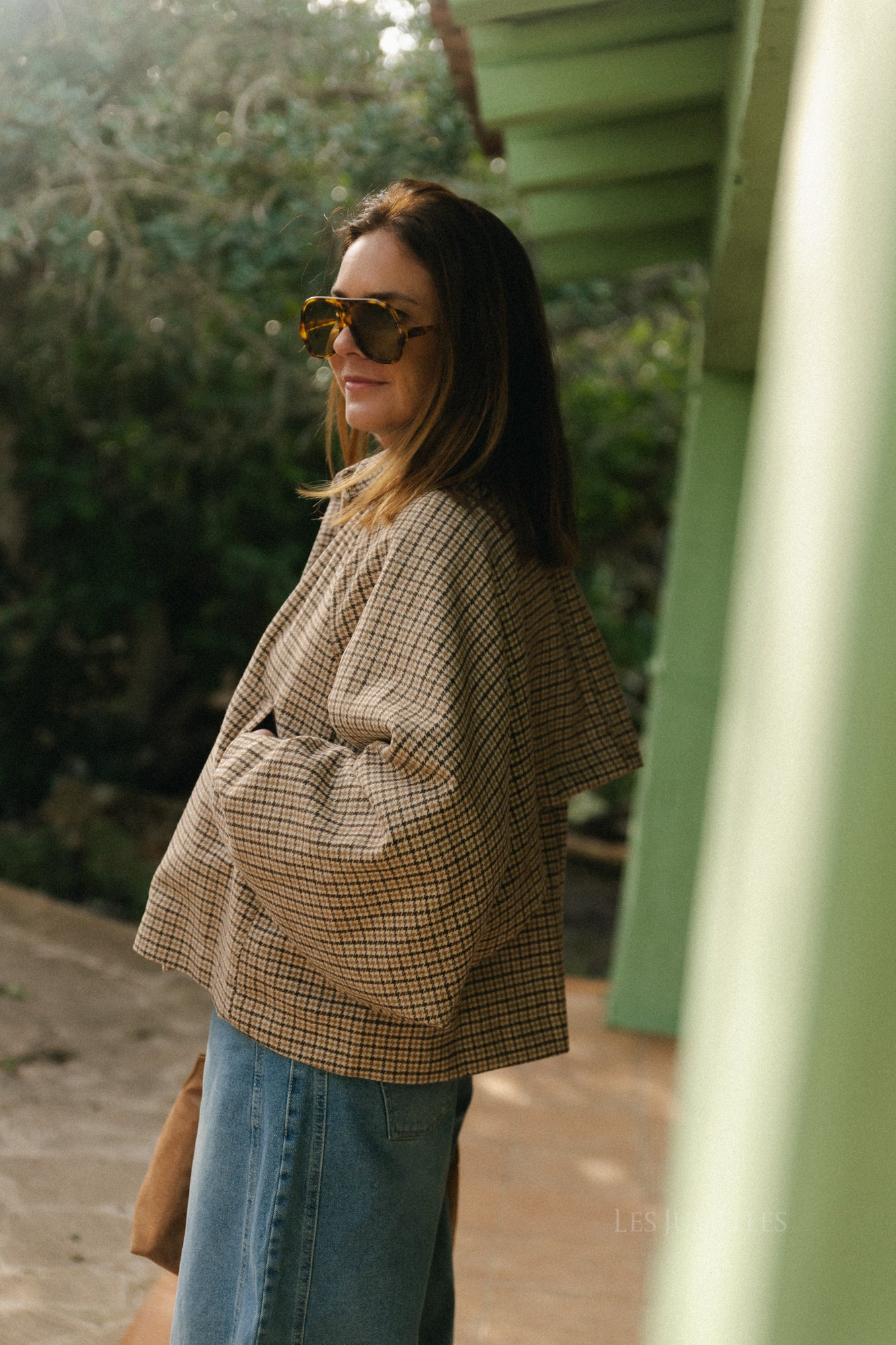 Jodie wollen jas met pied-de-poulepatroon in donkerbruin/beige