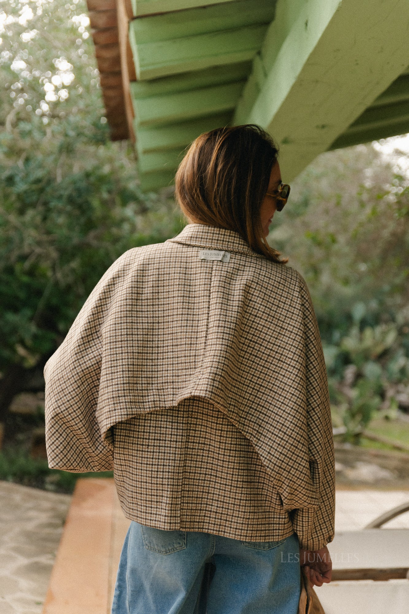 Jodie wollen jas met pied-de-poulepatroon in donkerbruin/beige