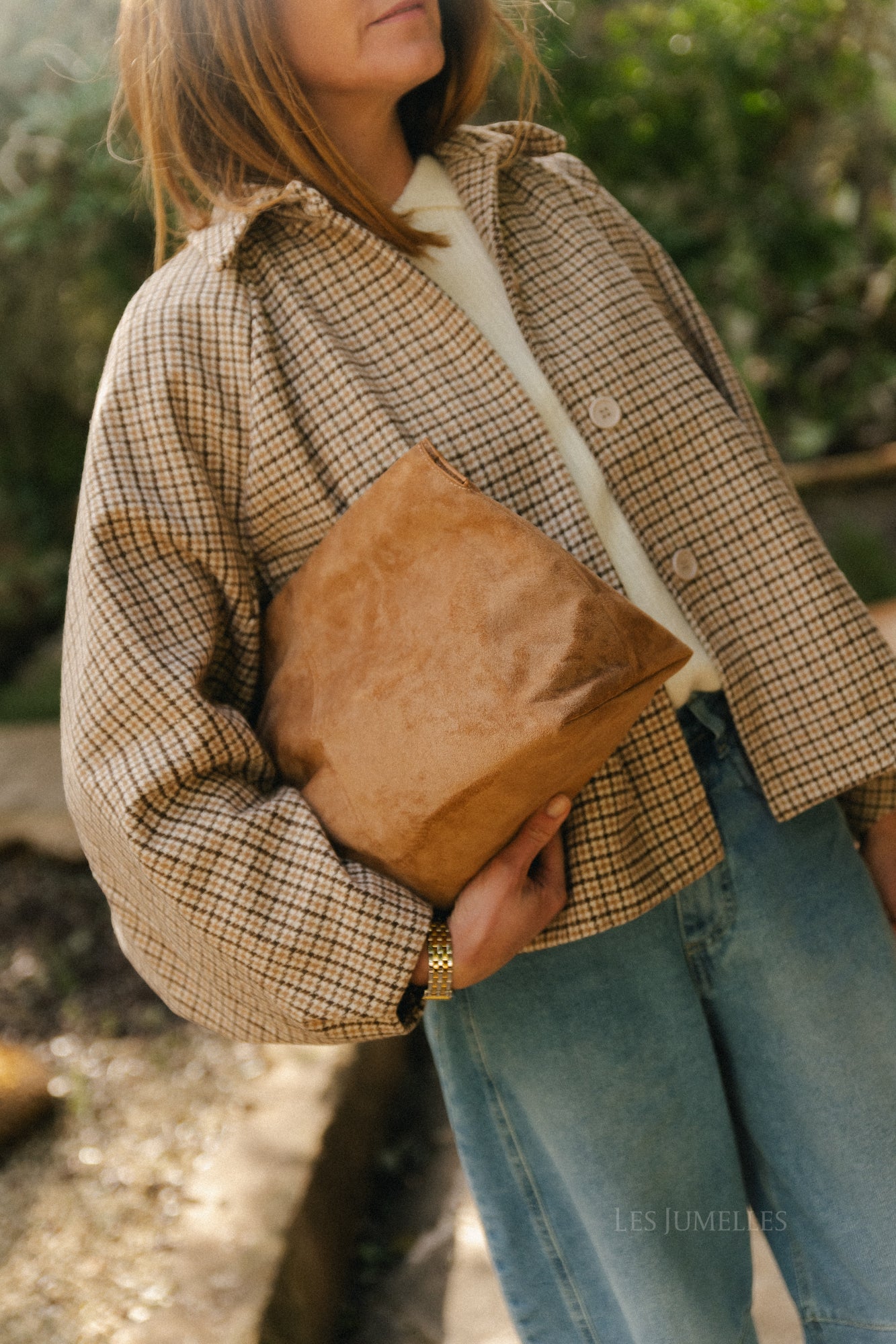 Jodie wollen jas met pied-de-poulepatroon in donkerbruin/beige