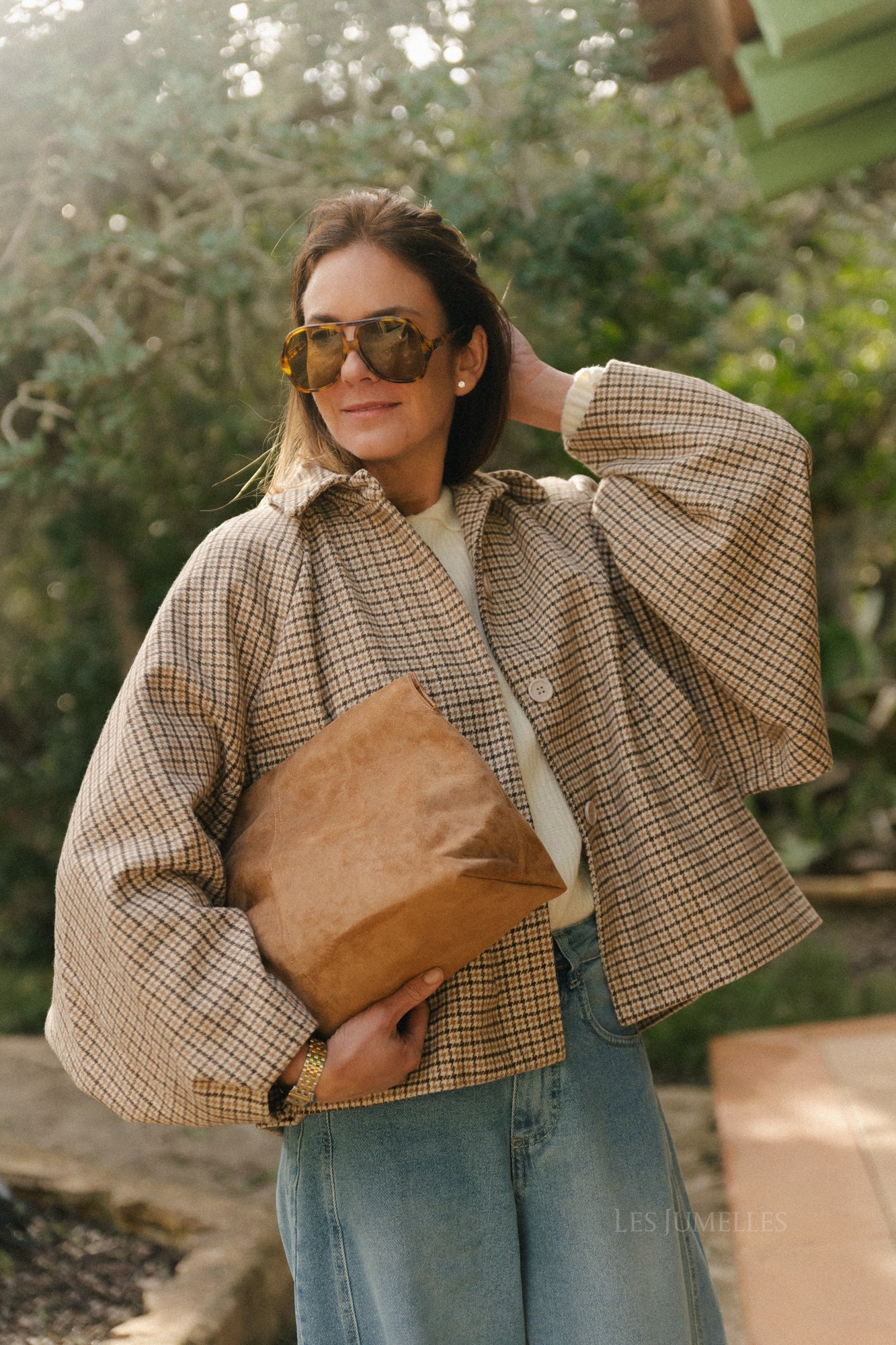 Jodie wollen jas met pied-de-poulepatroon in donkerbruin/beige