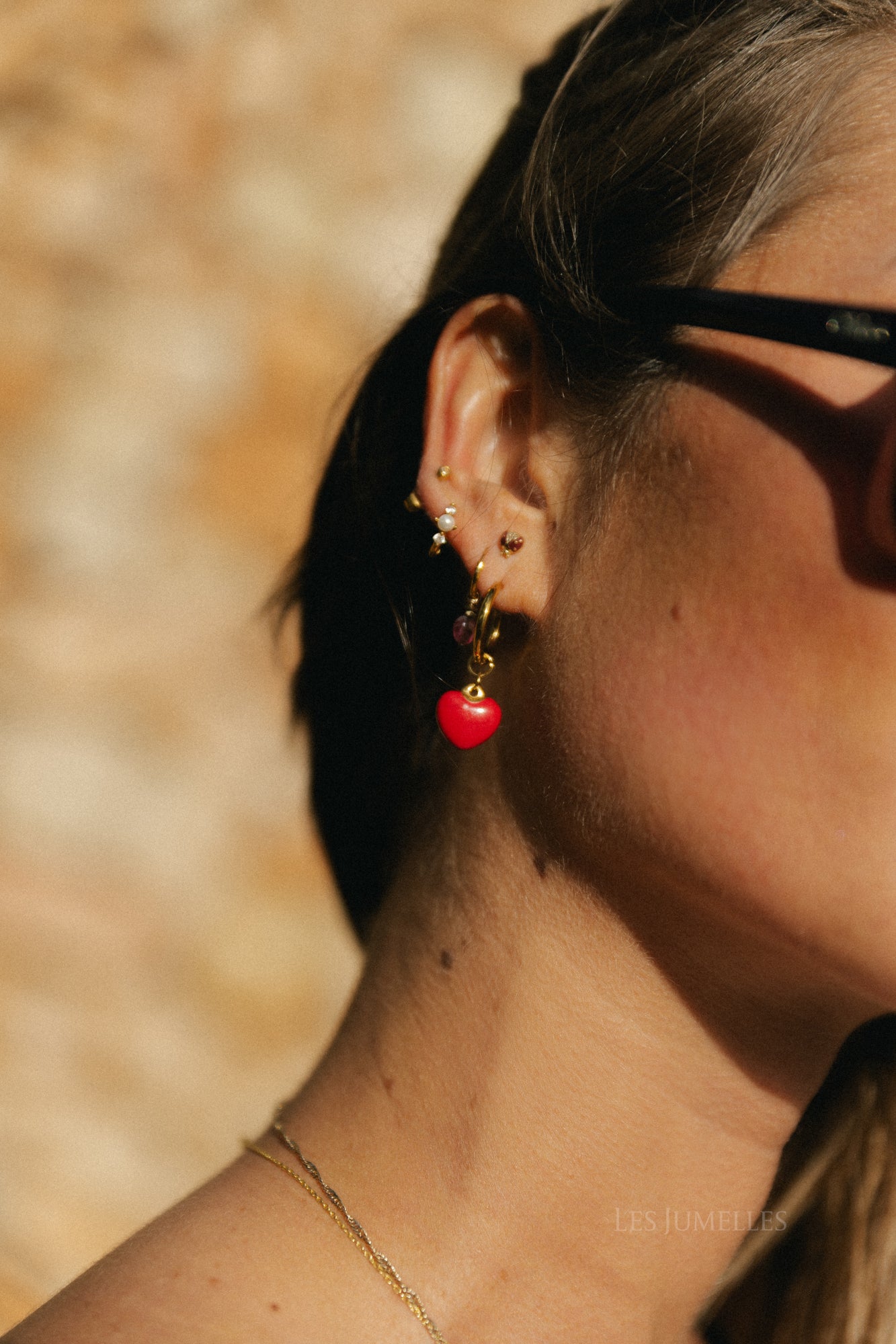Red heart/pearl ring earrings gold