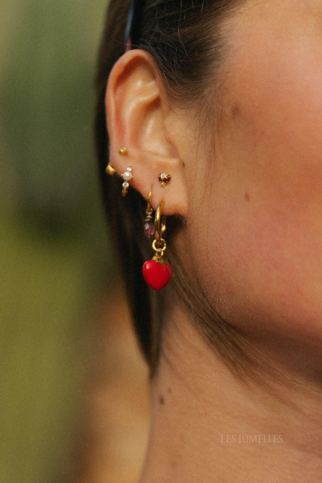 Red heart/pearl ring earrings gold