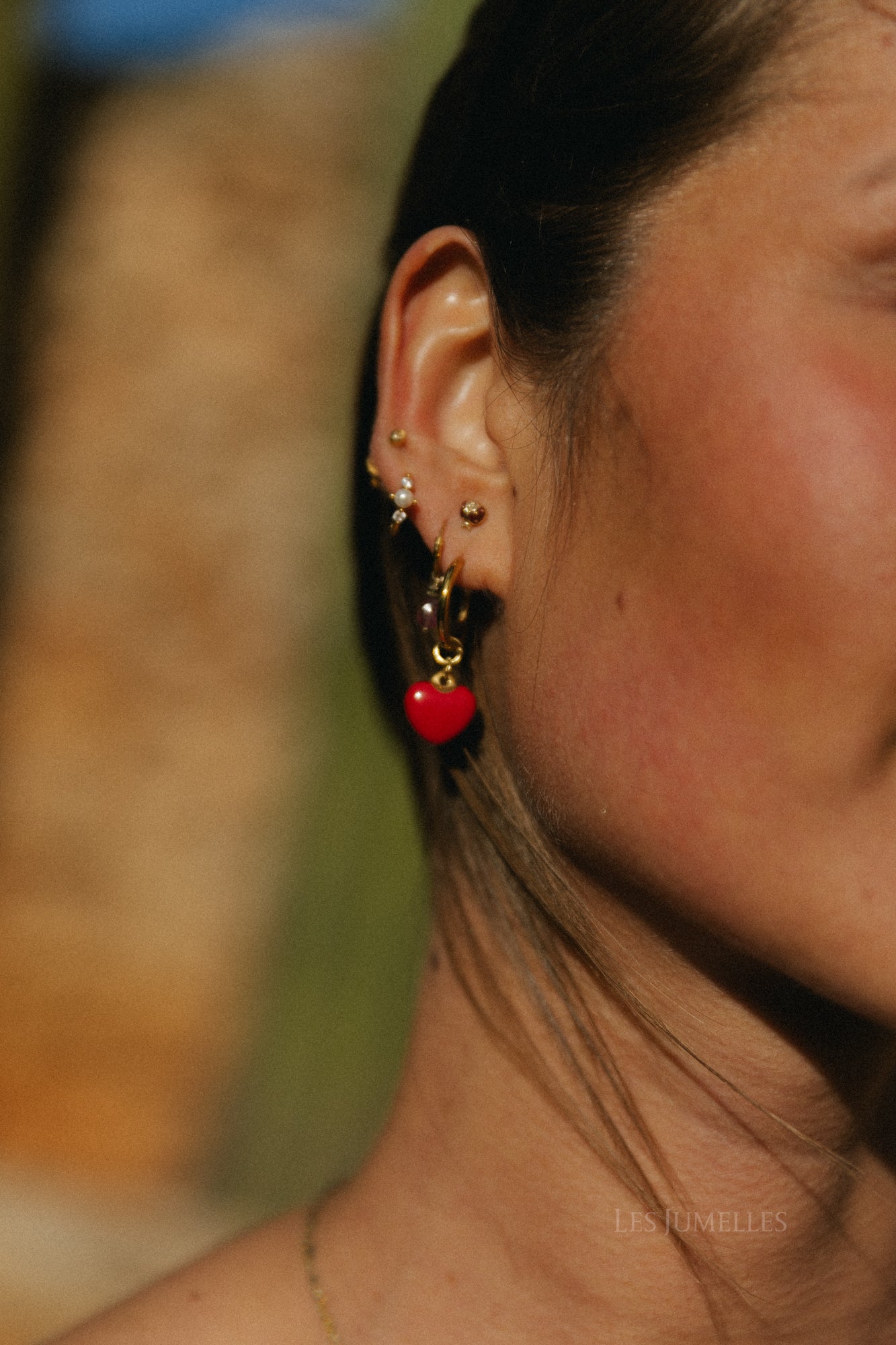 Red heart/pearl ring earrings gold