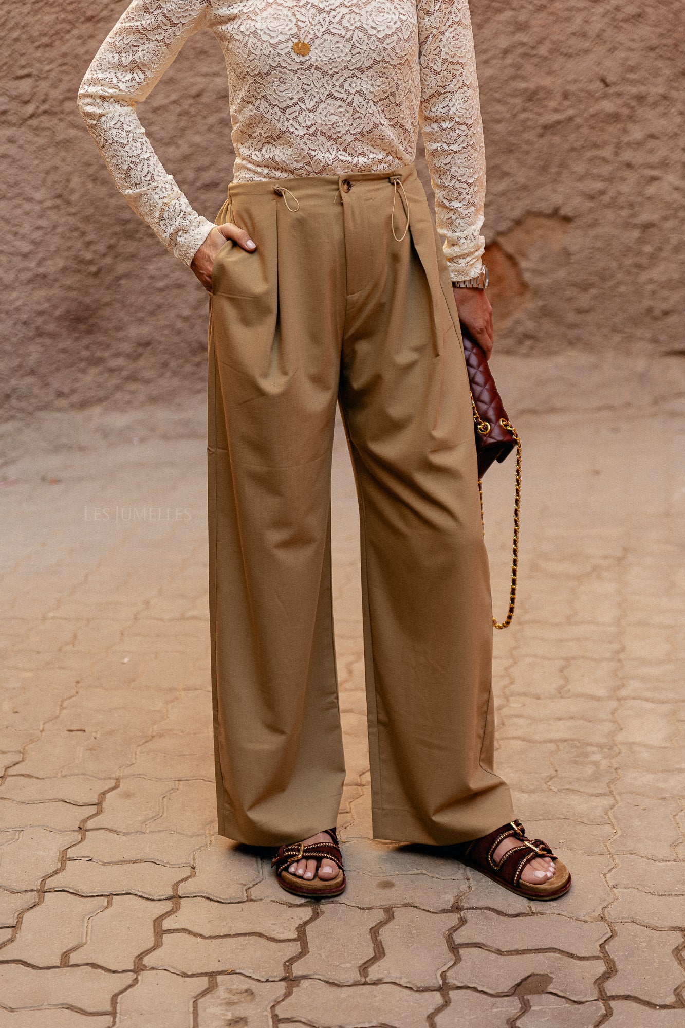 Jilian fluid drawstring wide-leg pants camel