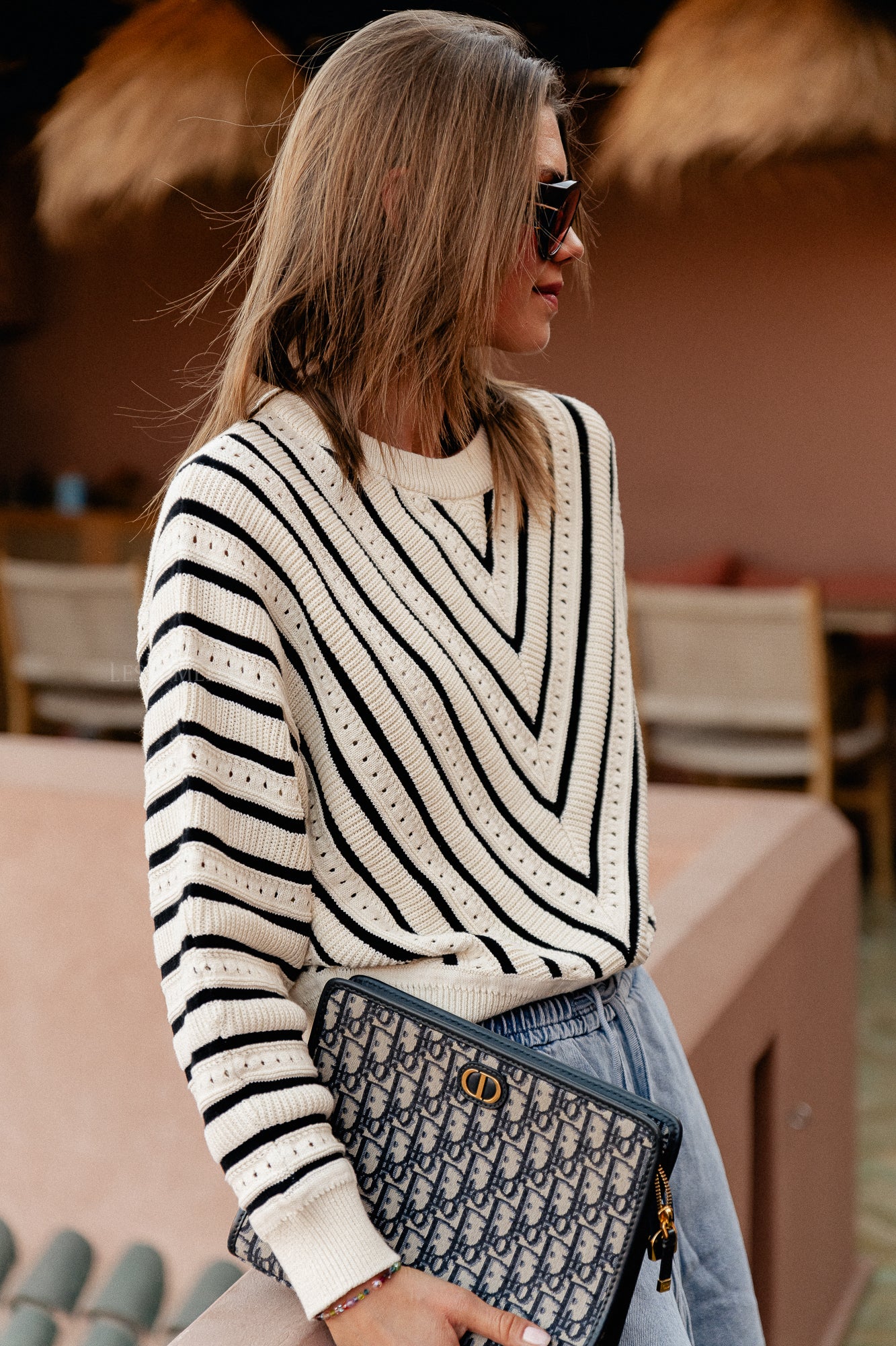 Pheana openwork striped jumper cream