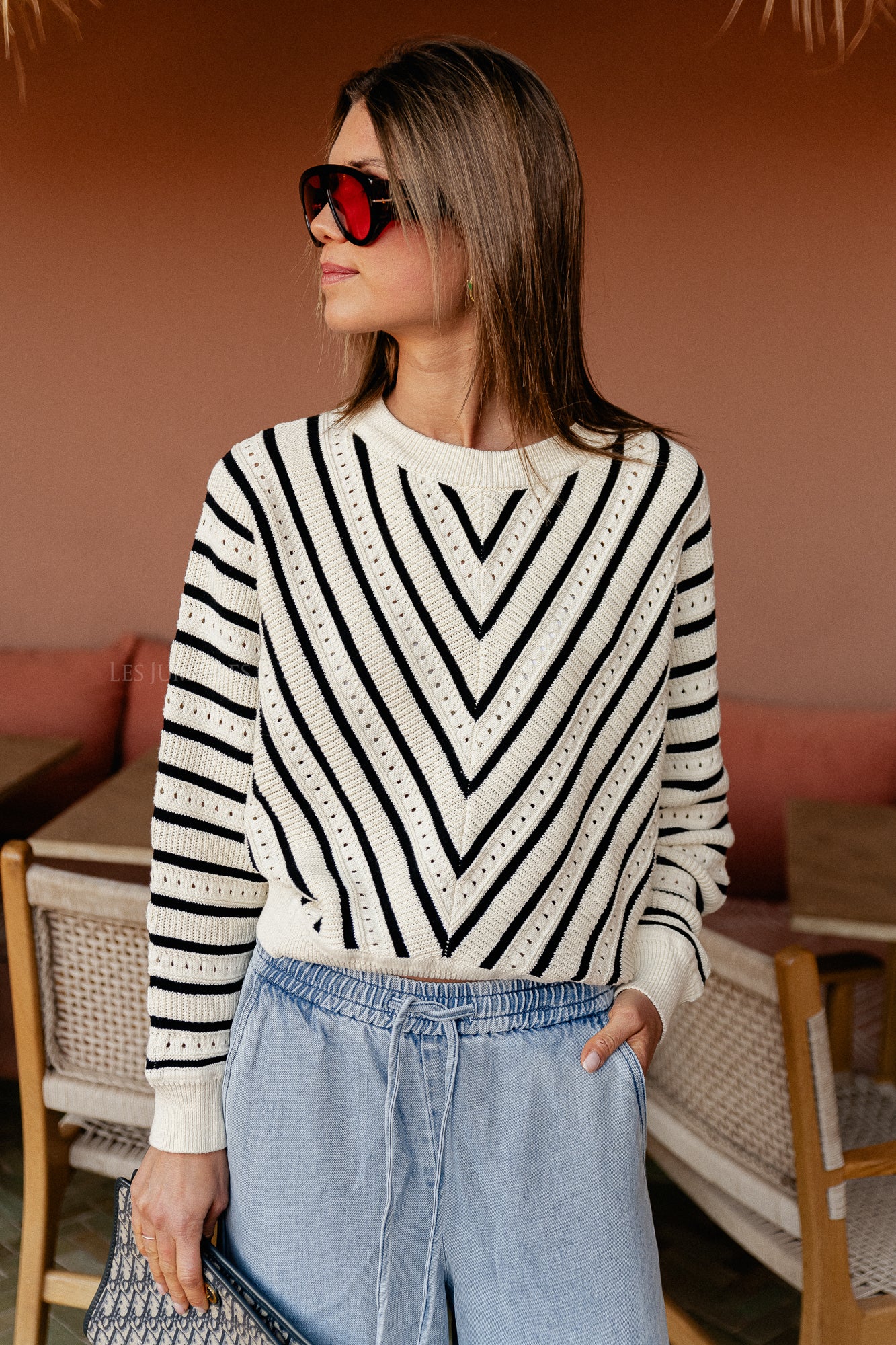 Pheana openwork striped jumper cream