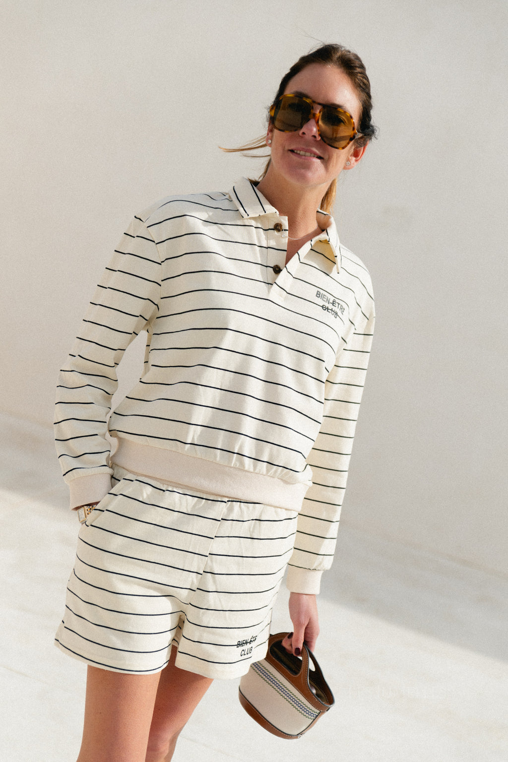 Bien-être club striped polo-collar sweatshirt ecru/black