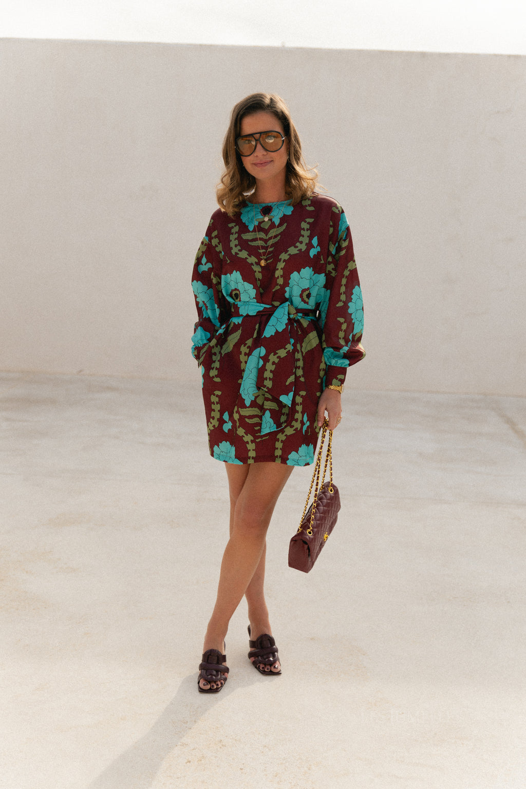 Poppy printed dress - burgundy/turquoise