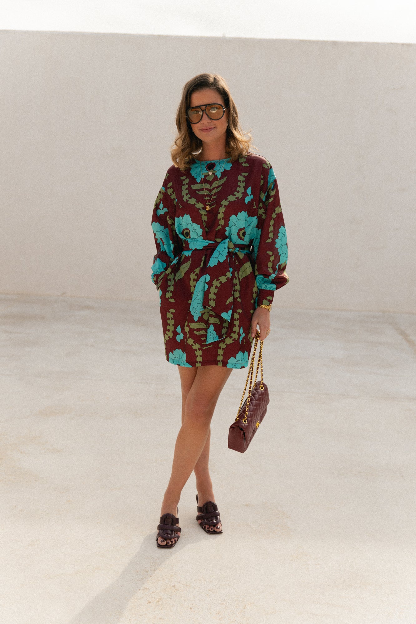 Poppy printed dress - burgundy/turquoise