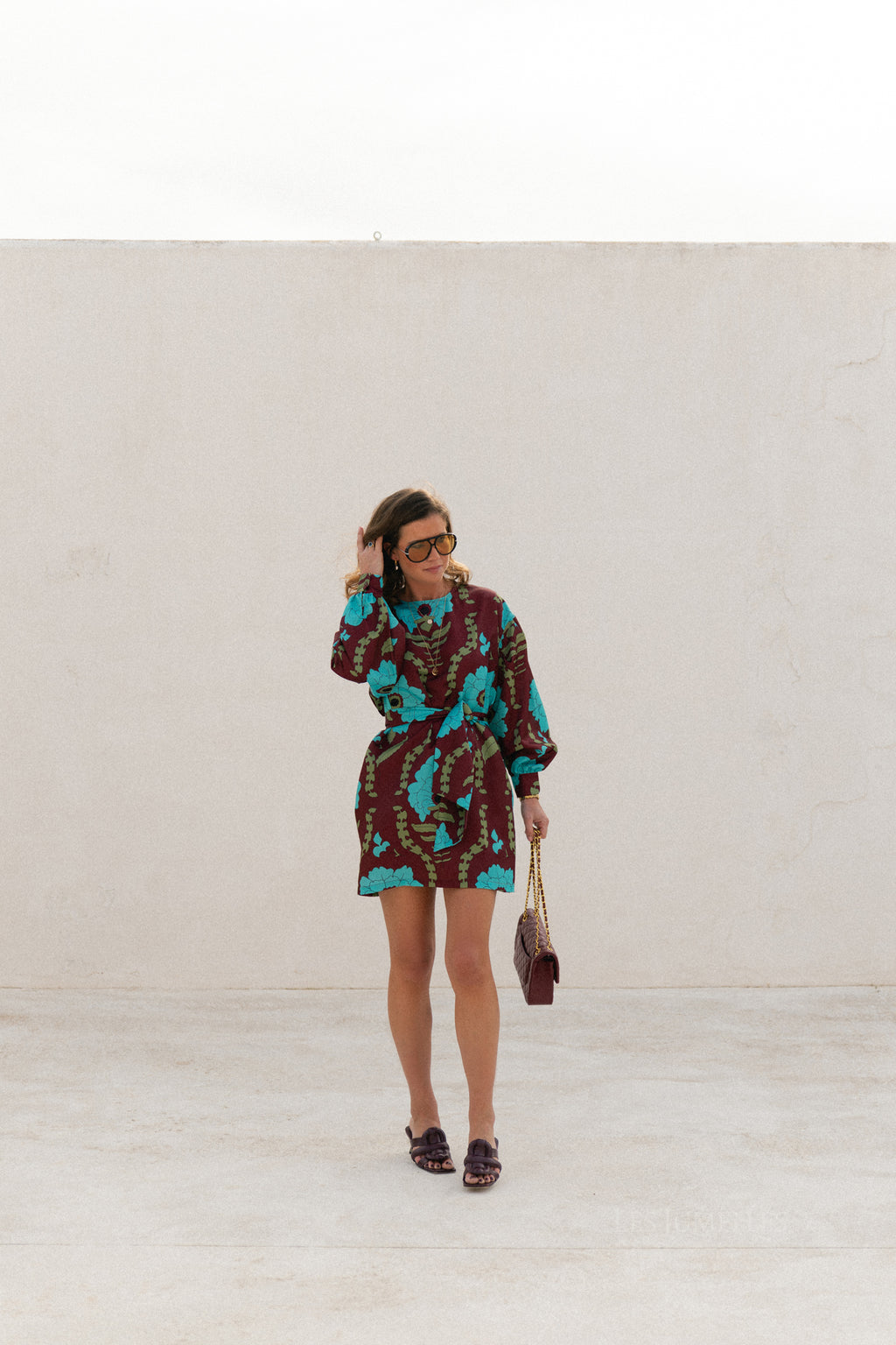 Poppy printed dress - burgundy/turquoise