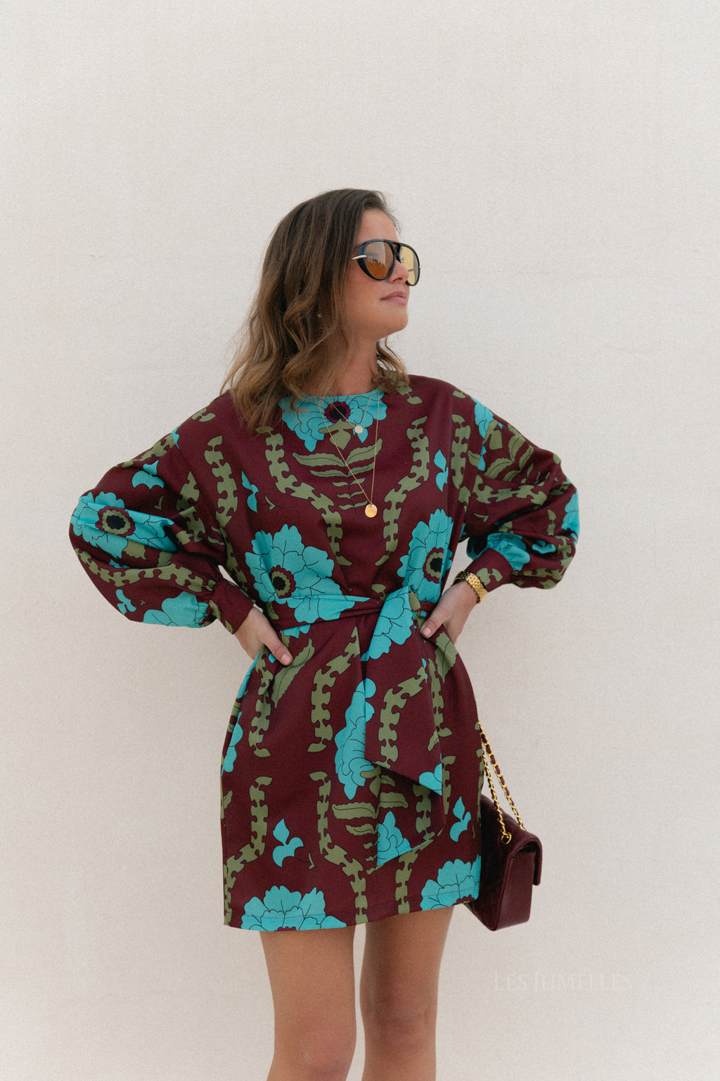 Poppy printed dress - burgundy/turquoise
