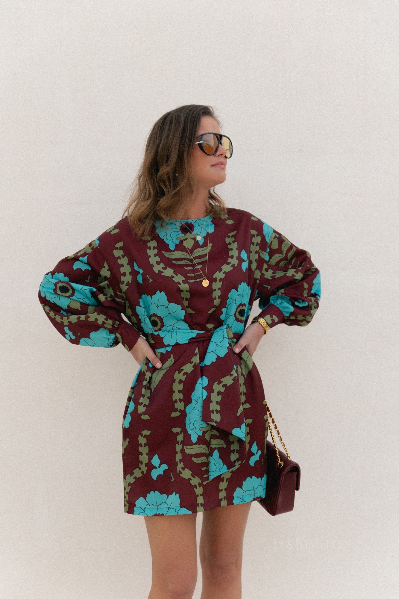 Poppy printed dress - burgundy/turquoise
