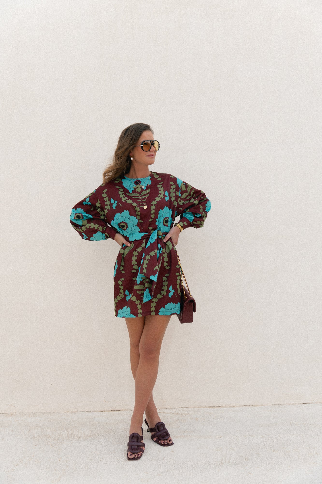 Poppy printed dress - burgundy/turquoise