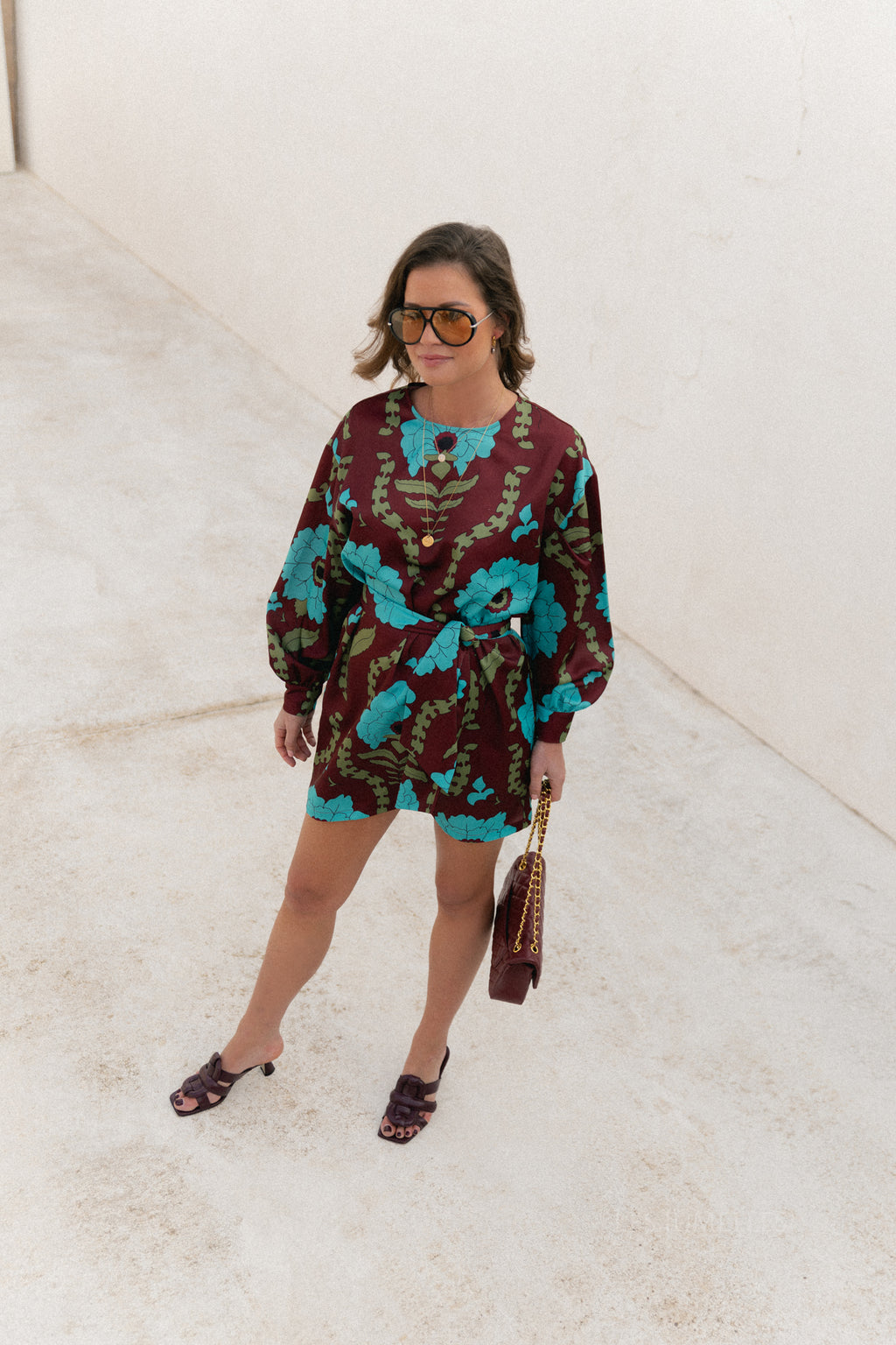 Poppy printed dress - burgundy/turquoise