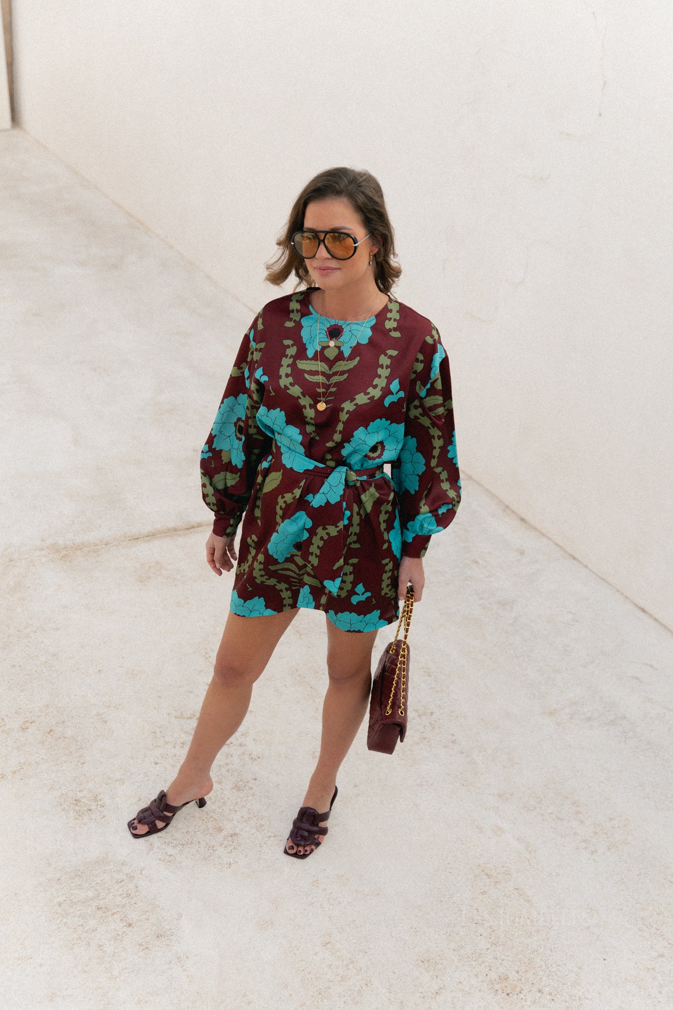 Poppy printed dress - burgundy/turquoise