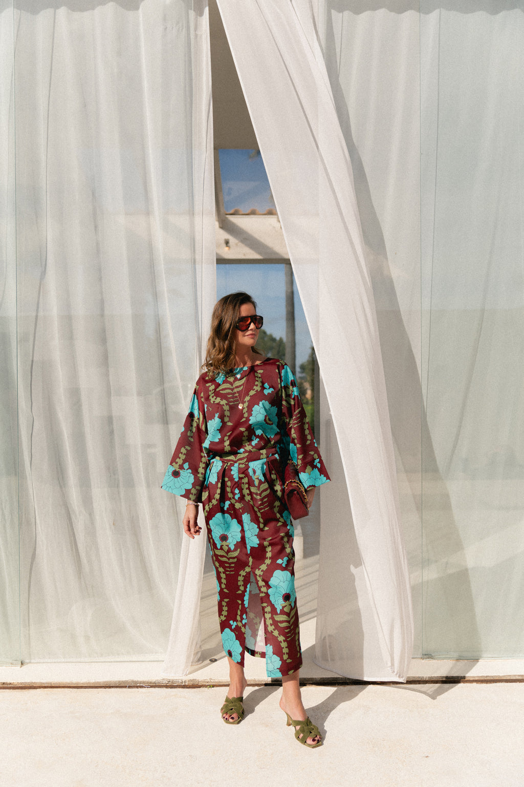 Gill printed sateen blouse - burgundy/turquoise