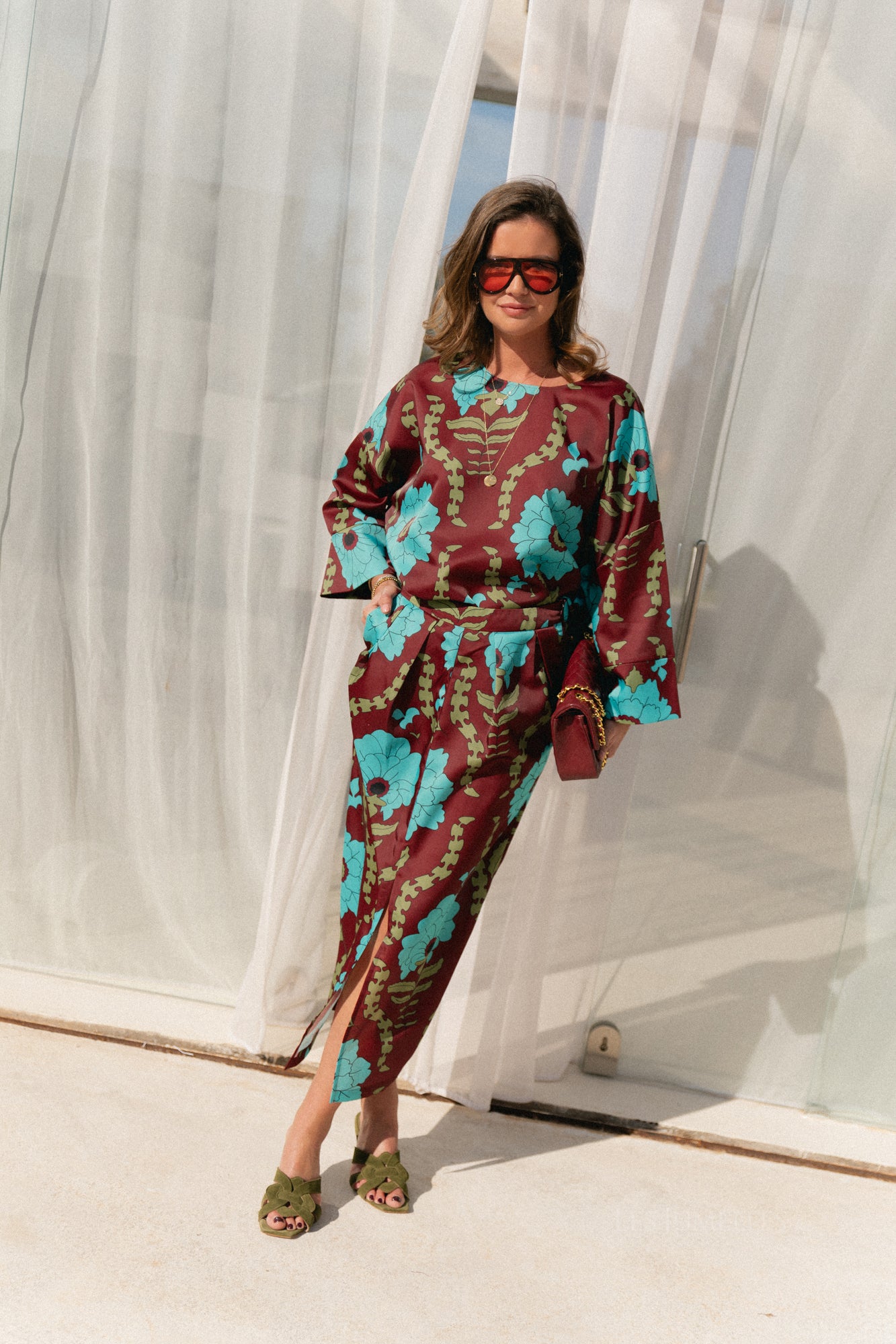 Gill printed sateen blouse - burgundy/turquoise