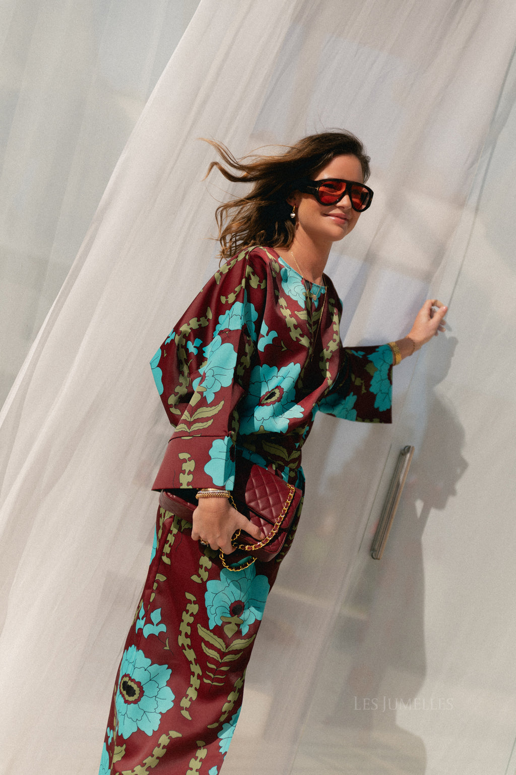 Gill printed sateen blouse - burgundy/turquoise