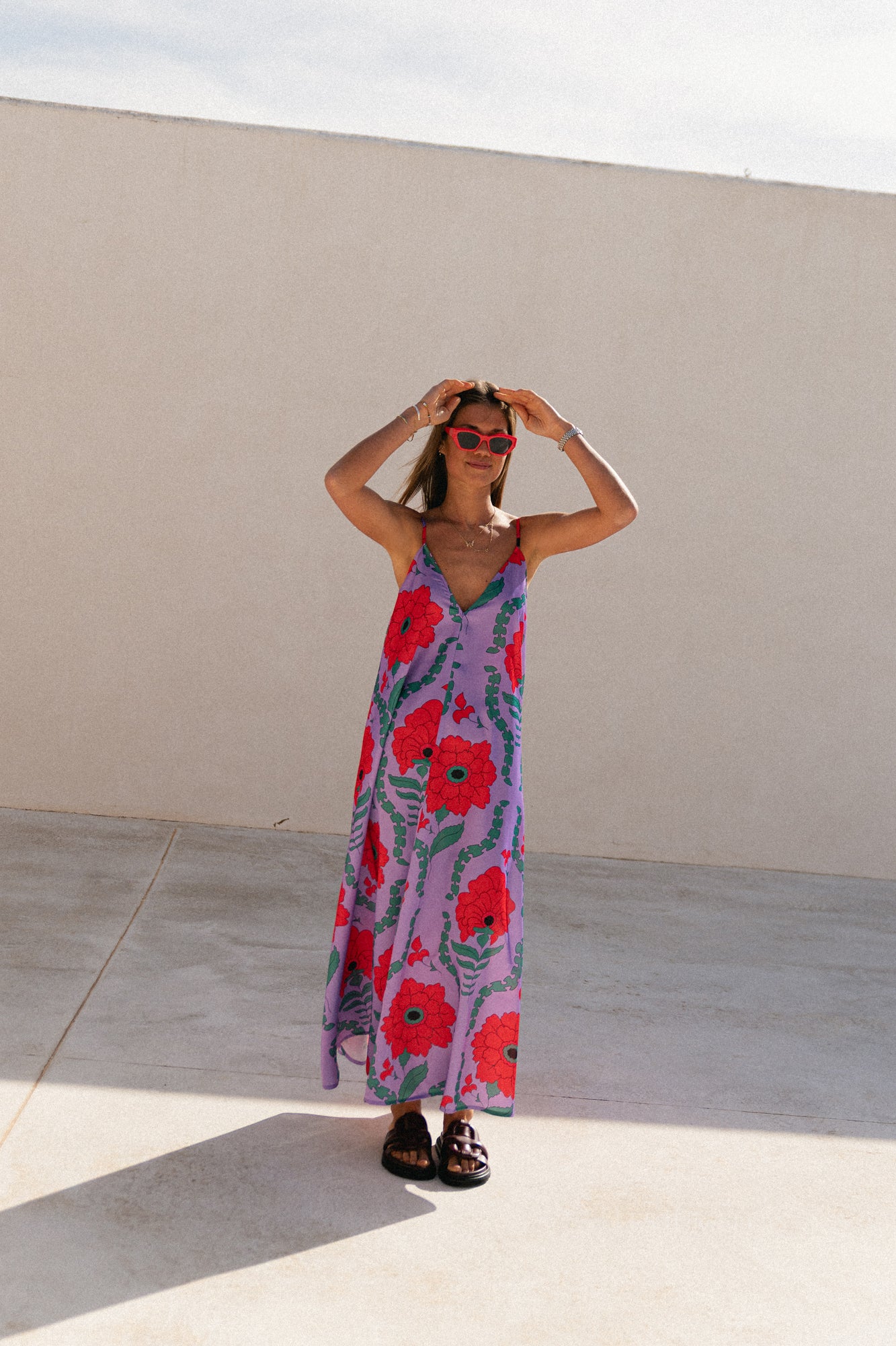 Liza printed maxi slip dress - lilac/coral