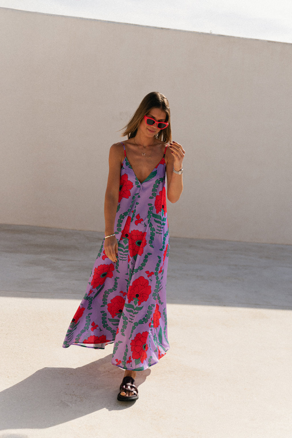 Liza printed maxi slip dress - lilac/coral