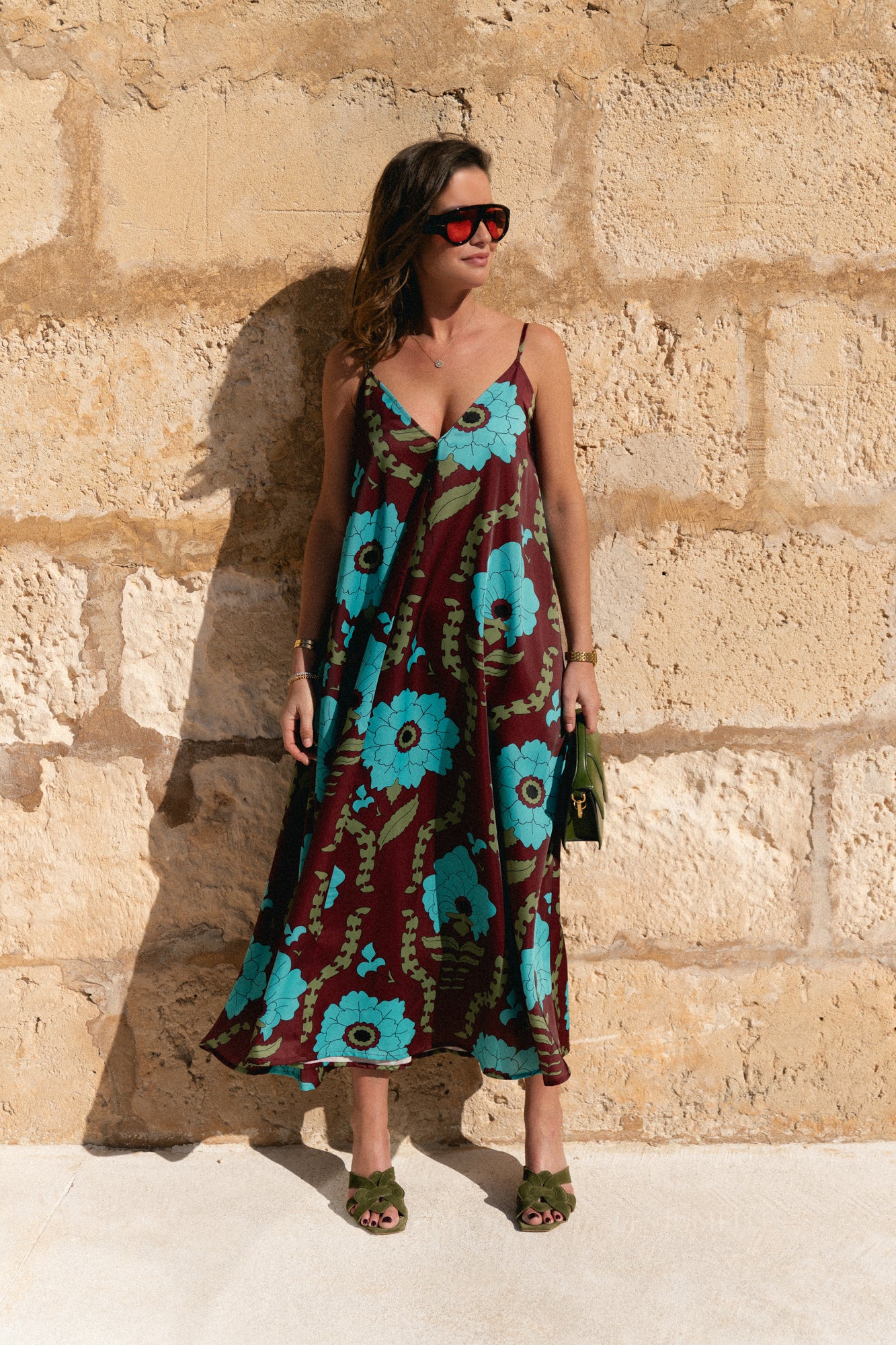 Liza printed maxi slip dress - burgundy/turquoise
