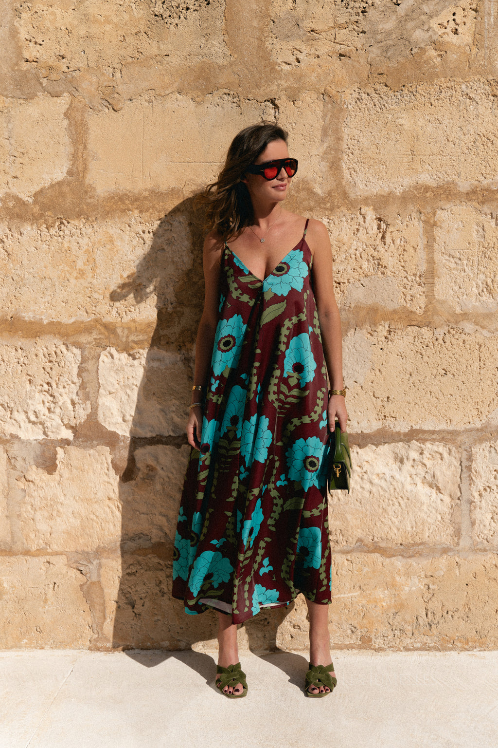 Liza printed maxi slip dress - burgundy/turquoise