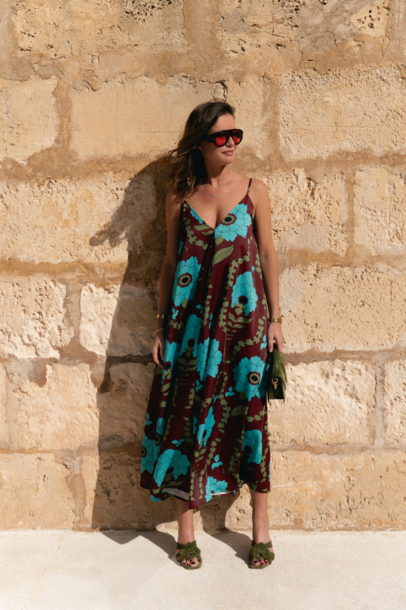 Liza printed maxi slip dress - burgundy/turquoise