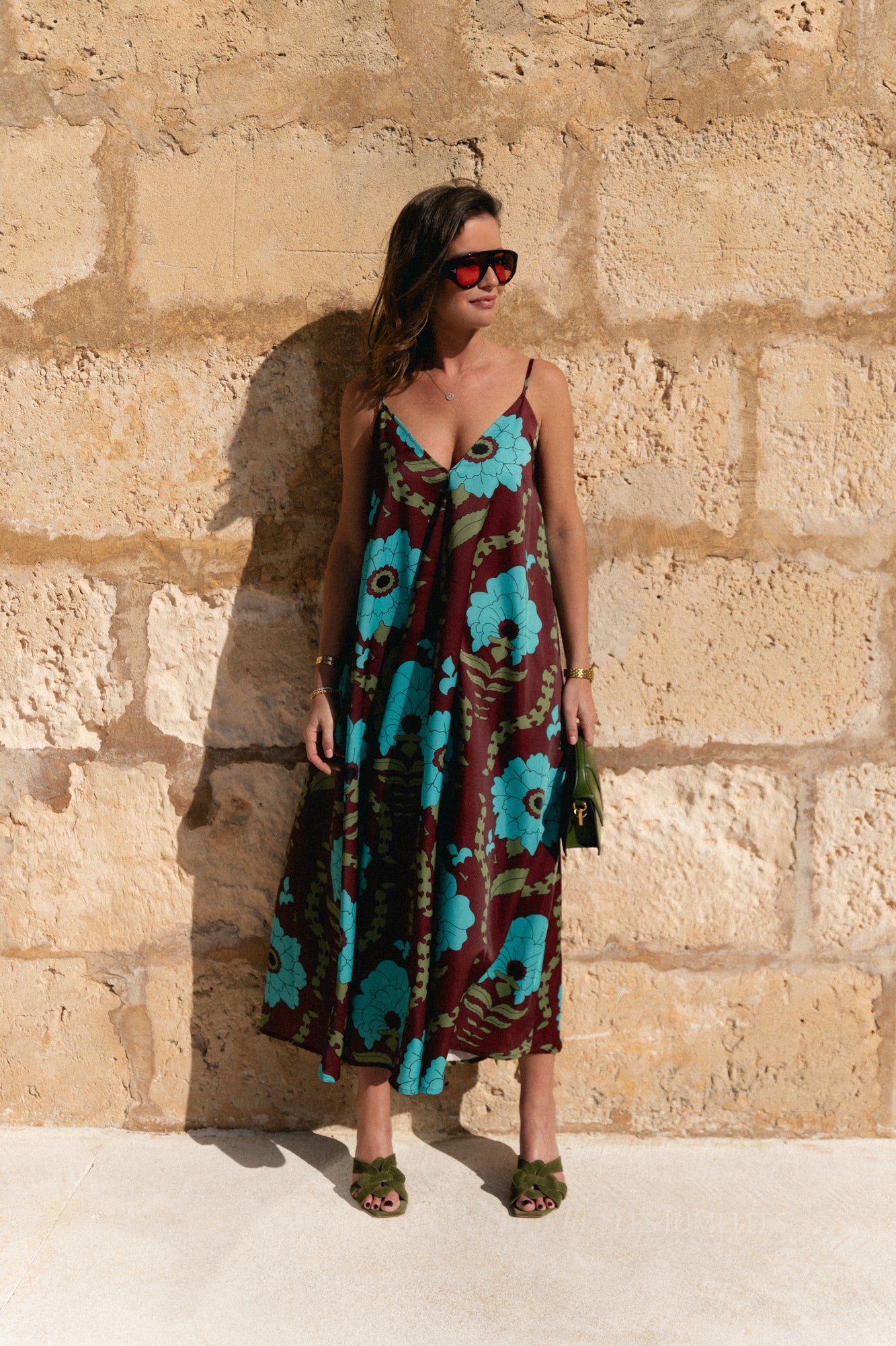 Liza printed maxi slip dress - burgundy/turquoise