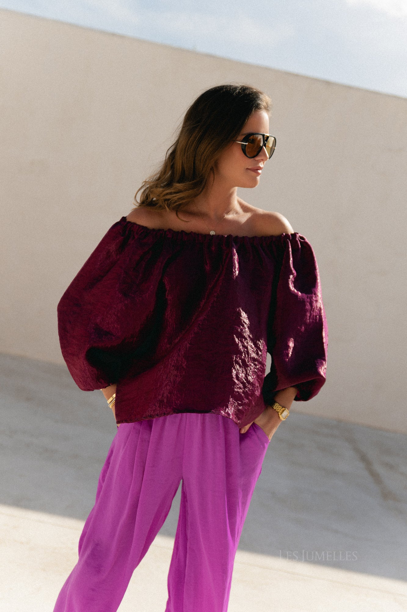 Jamie Taffeta-Bluse Aubergine