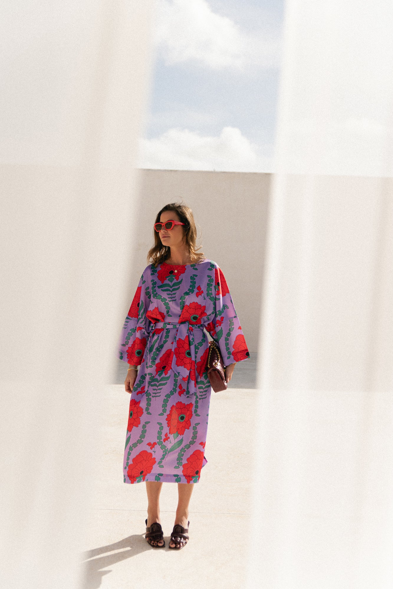 Valerie long printed dress - lilac/coral