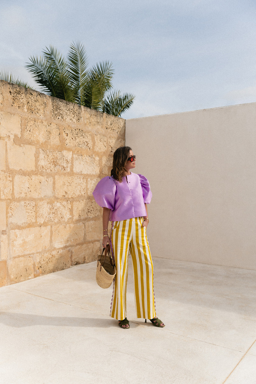 Pantalon rayé Gemma écru/citron curry