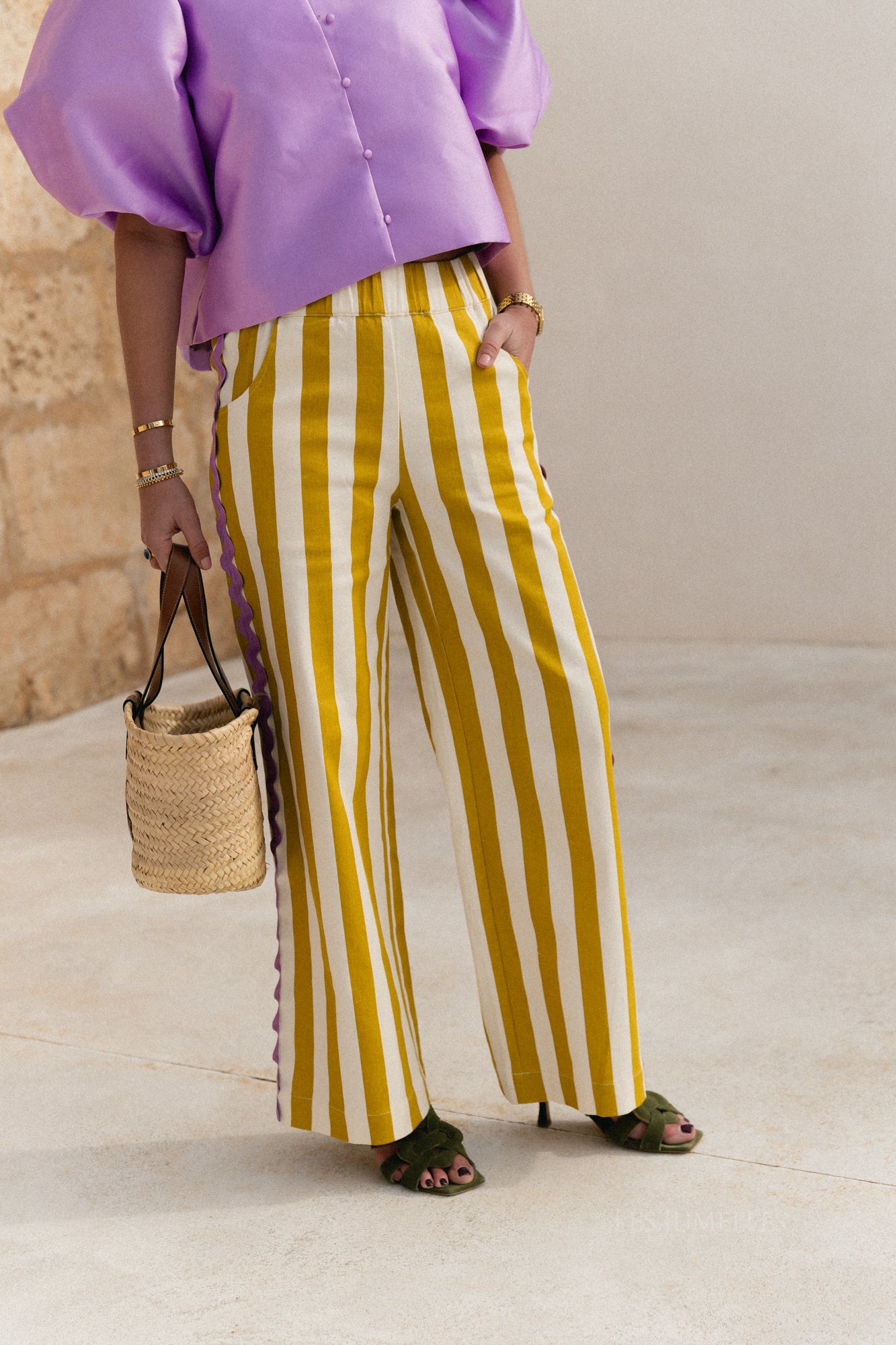 Pantalon rayé Gemma écru/citron curry