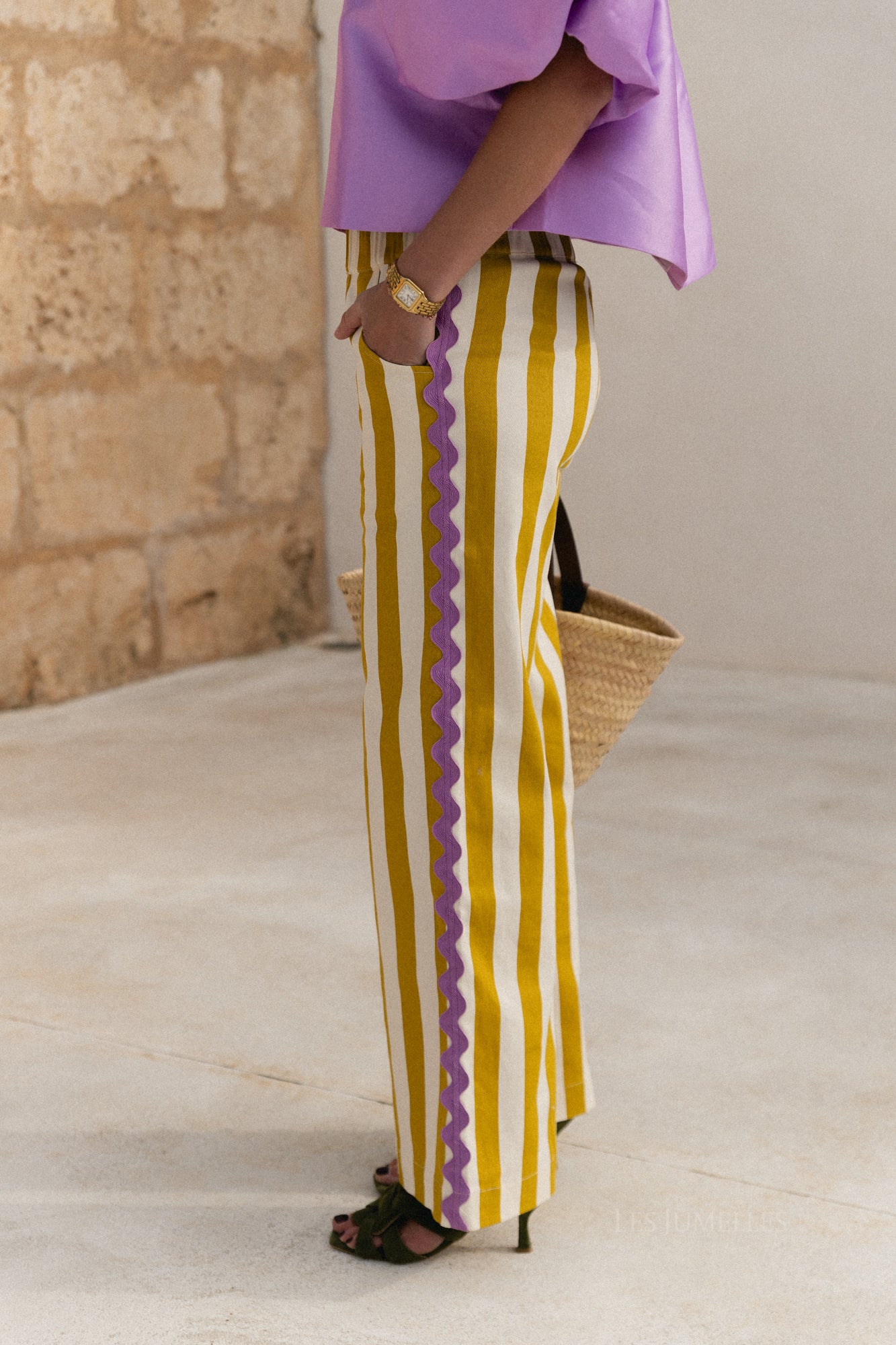 Pantalon rayé Gemma écru/citron curry