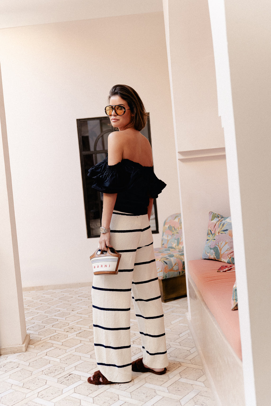 Medina striped pants ecru/navy