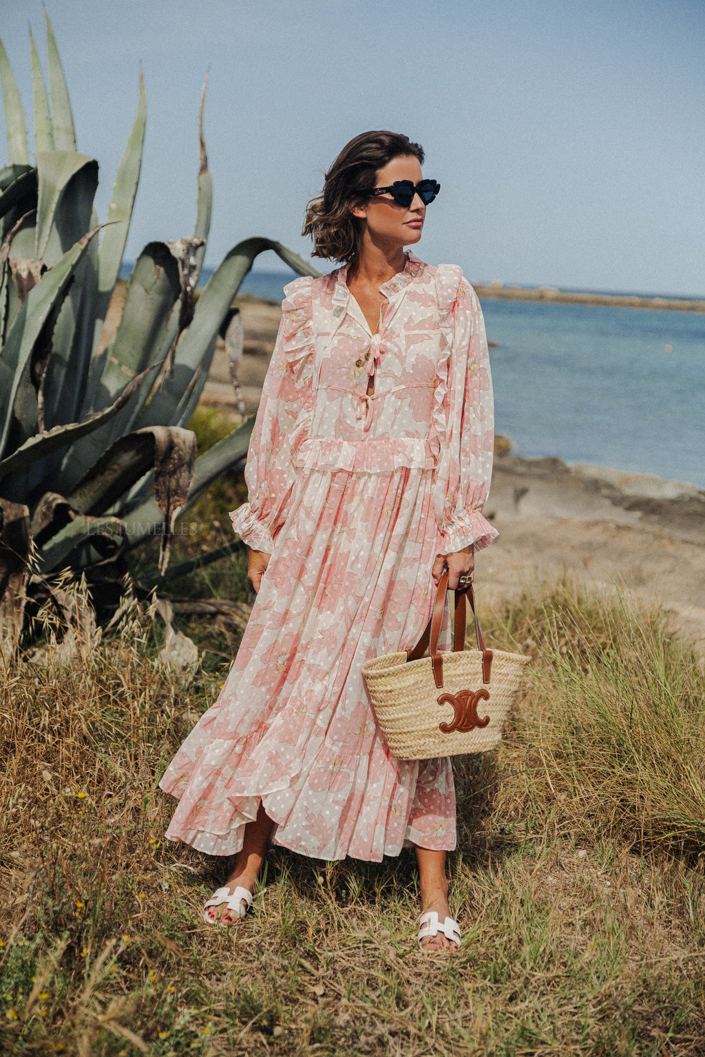 Robe longue en mousseline imprimée rose tendre